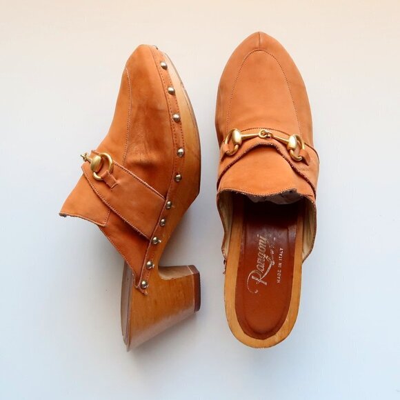 Rangonii of Florence Italian Tan Leather Gold Horse-bit Wooden Clogs / Mules 9 - Picture 4 of 16